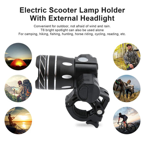 USB Rechargeable LED Headlight For Electric Scooters And Bikes, front light with adjustable focus, weatherproof, black, clamp view