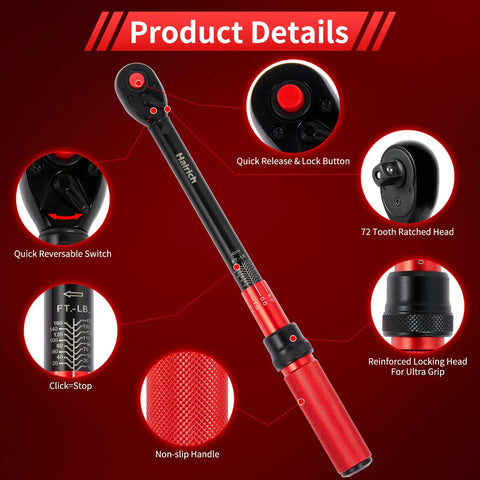 Half Inch Drive Click Torque Wrench For Bike Maintenance Dual Direction 10 To 170 Ft Lb And 13.6 To 230.5 Nm with red handle
