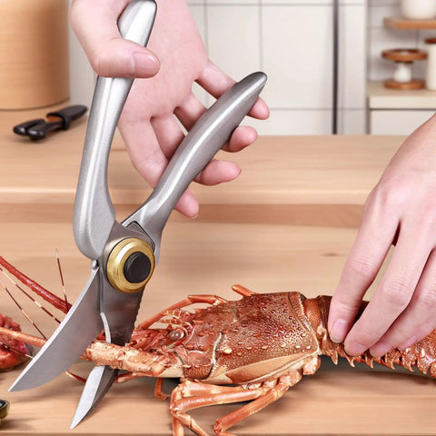 Heavy Duty Kitchen Scissors With Non Slip Handle And Auto Unlock For Cutting Meat Poultry Roasts Turkey And Fish Serrated Stainless Steel Blades With Ergonomic Grip Tough Yet Easy To Use Everyday Kitchen Tool shown cutting lobster