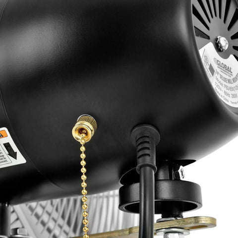 Close-up of Beefy Deluxe Wall Mount Fan 30 Inch Diameter With Fixed And Oscillating Head power cord and pull chain, industrial grade.