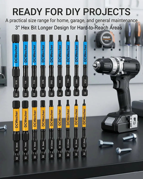 Heavy Duty Pro Grade 3 Inch Impact Hex Bit Set With 20 Pieces Metric And SAE Allen Wrenches, S2 Steel Bits on workbench