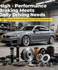 High-performance brake parts displayed in workshop with car, emphasizing durability and safety for daily driving needs