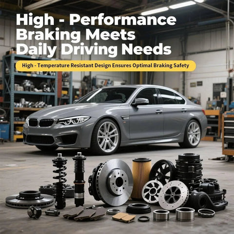 High-performance braking components displayed in garage alongside a gray sports car for daily driving needs.