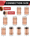 Variety of copper press fit plumbing pipe connectors in different sizes, displaying 20 Pack 3 Inch X 3 Inch Copper Press XL Coupling No Stop Press Fit Plumbing Pipe Connector Rock Solid Heavy Duty Hella Durable Quick Install No Sweat Build Pro Grade Top Shelf.