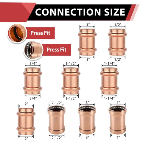Variety of copper press fit plumbing pipe connectors in different sizes, displaying 20 Pack 3 Inch X 3 Inch Copper Press XL Coupling No Stop Press Fit Plumbing Pipe Connector Rock Solid Heavy Duty Hella Durable Quick Install No Sweat Build Pro Grade Top Shelf.