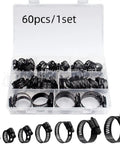 Solid 60Pcs Stainless Steel Hose Clamp Kit For Tough Work. Adjustable Worm Gear Pipe Clamps Sized 6-38mm Fit Any Car, Plumbing Job Or Home Project With Zero Rust And Total Durability You Need Today. 60-piece black hose clamp set in plastic organizer