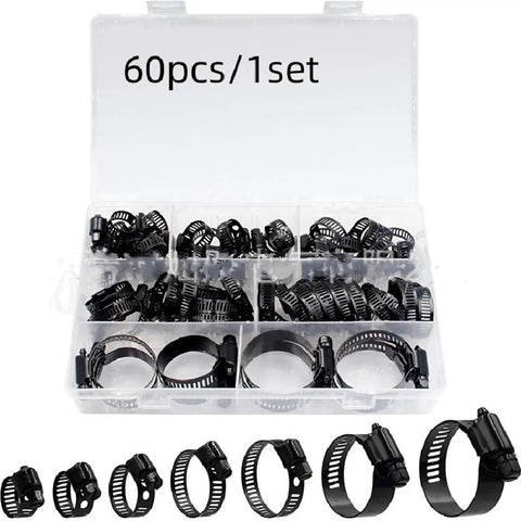 Solid 60Pcs Stainless Steel Hose Clamp Kit For Tough Work. Adjustable Worm Gear Pipe Clamps Sized 6-38mm Fit Any Car, Plumbing Job Or Home Project With Zero Rust And Total Durability You Need Today. 60-piece black hose clamp set in plastic organizer