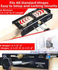 Sturdy Door Hinge Jig And Wood Router Template Kit featuring one hand clamp for 2.5 to 5 inch hinge mortises on wood.
