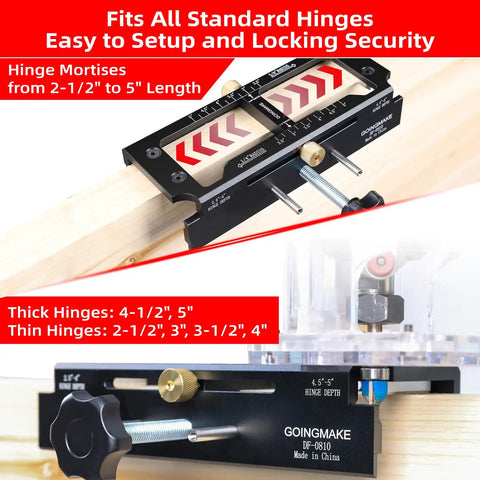 Sturdy Door Hinge Jig And Wood Router Template Kit featuring one hand clamp for 2.5 to 5 inch hinge mortises on wood.