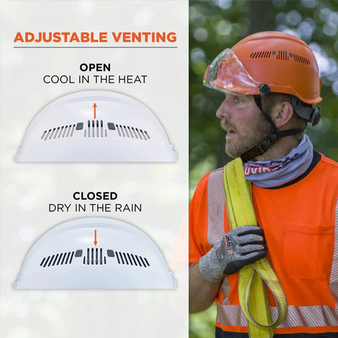 Diagram and man on site showing adjustable venting on Skullerz 8975 Class C Safety Helmet White Built Tough For All Day Comfort On Construction Sites Lightweight Design EN12492 Side Impact Compliance And Secure Chin Strap