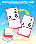 Math Flash Cards Set for Kids 4-8, 288 Double-Sided Cards showing multiplication practice with answers on back.