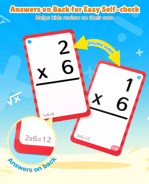 Math Flash Cards Set for Kids 4-8, 288 Double-Sided Cards showing multiplication practice with answers on back.