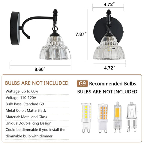 Diagram of matte black light fixture with glass shade, dimensions, and G9 bulb recommendation, not Matte Brass Vintage Vanity Light Fixture With Flower Shaped Glass Shades Over Mirror Five Light Wall Sconce For Bathroom Bedroom Dressing Room Living Room Hallway Retro Vibe Modern Look.
