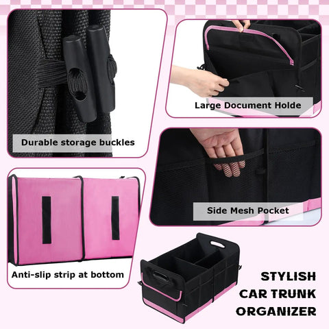 72L Trunk Organizer With Waterproof Design And Non Slip Bottom Strips, Large Capacity Auto Storage Box, Collapsible Cargo Organizer For SUV Truck And Sedan, Road Trip Ready Portable Car Accessory For Women And Men, Pink with side mesh pocket and durable storage buckles