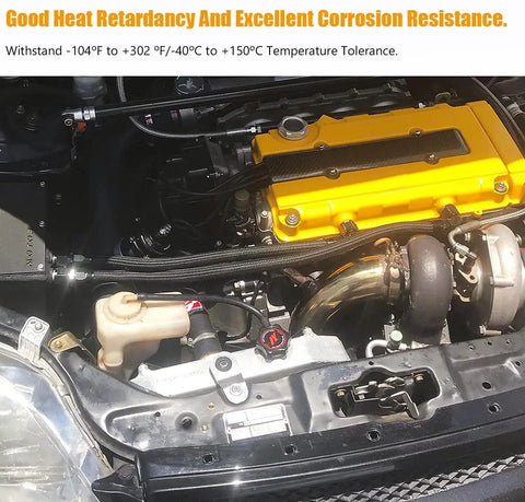8AN Braided Hose 10Ft Beefed Up Heavy Duty High Pressure Fuel Line and Transmission Cooler Kit installed in car engine bay