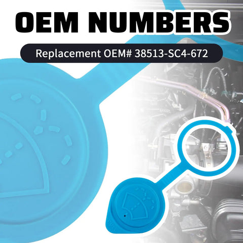Windshield Washer Fluid Cap Replacement For Acura RDX MDX ILX And Honda CR-V Civic, blue cap, OEM 38513-SC4-672 shown with engine.