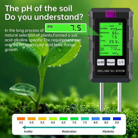 All In One Soil Test Kit With Digital Moisture Meter And pH Tester Large Screen Measures Fertility Temperature Sunlight And Air Humidity For Garden Greenhouse And Farm Use For Your Garden Crew Requires 2 AAA Batteries, handheld black meter