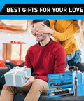 Happy couple with Telescoping Magnet Pickup Tool With 3 LED Magnetic Flashlight, gift boxes, blurred festive background
