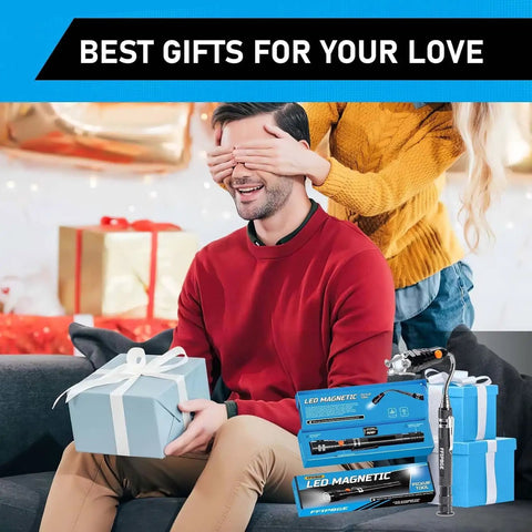Happy couple with Telescoping Magnet Pickup Tool With 3 LED Magnetic Flashlight, gift boxes, blurred festive background