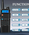 Image of a Dual Band 8W Ham Radio Handheld with 3800mAh battery, showing functions such as GMRS, flashlight, and USB-C port.