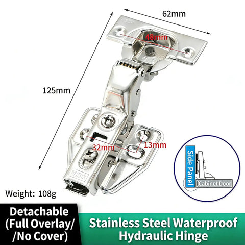 2 Pack Detachable Stainless Steel Full Overlay Cabinet Hinges With Hydraulic Soft Close Damper, size and dimensions