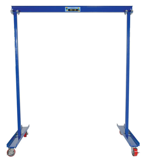 Heavy Duty Steel Portable Gantry Crane Built For Serious Shop Hustle With 300 Pound Lift Capacity smooth glide casters, blue finish.