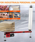 Industrial Electric Stretch Wrap Dispenser Heavy Duty Pallet Wrapper with shrink film for packaging boxes in warehouse.