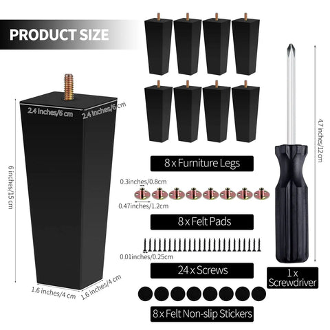 Eight Piece Set Of Solid Wood Square Sofa Legs 6 Inch Replacement Feet For Couch Armchair Bed Dresser Cabinet With Simple Install Hardware Black Finish Retro Look, showing legs, screws, and screwdriver.