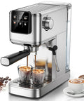 Premium Stainless Steel Espresso Machine 20 Bar With Touch Screen And Steam Wand Milk Frother brewing iced coffee and espresso shots.