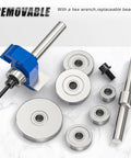 Slick Smooth Heavy Duty Rabbet Router Bit Set 4 Piece Quarter Inch Shank Carbide Tip With Swappable Bearings Woodworking Kit showing removable bearings and hex wrench.
