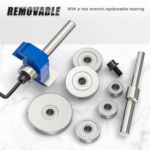Slick Smooth Heavy Duty Rabbet Router Bit Set 4 Piece Quarter Inch Shank Carbide Tip With Swappable Bearings Woodworking Kit showing removable bearings and hex wrench.