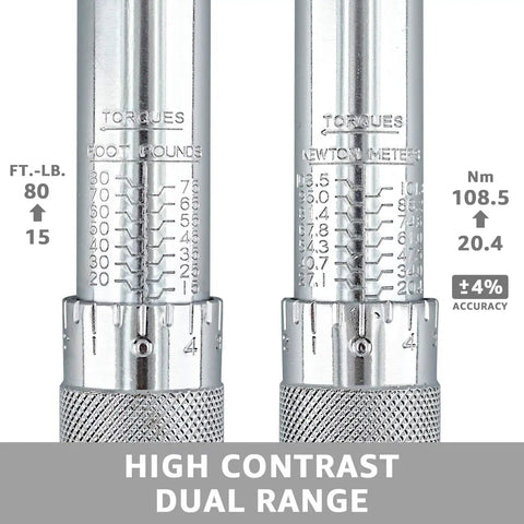 Three Eighths Inch Drive Click Torque Wrench Ratchet For DIY And Pro Auto Work, marked range 15-80 ft-lb, 20.4-108.5 Nm