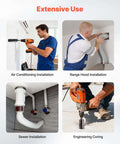 Core drill collage: orange drill with core bit used for air conditioning, range hood, sewer, and concrete coring.
