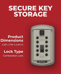 AccessPoint 001414 KeySafe Slimline Push Button Key Lock Box For Permanent Key Storage No Fuss Easy Access 2 Keys Great For After School And Home Use Clay Beige shown front view with dimensions 3.2D x 7W x 2.4H inches on red background.