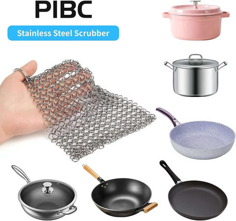 Hand holding 8x6 Inch Cast Iron Chainmail Scrubber for Safe Scratch Free Cleaning of Pre Seasoned Pans Griddles Barbecue Grills and Pots Durable Stainless Steel Wire Cleaner That Removes Residue Without Scratching and Resists Rust, shown with various cookware.