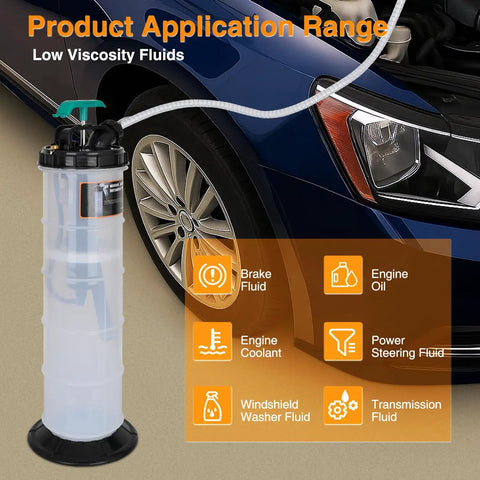 Heavy Duty Manual Oil Extractor Pump With 9L Spill Free Jug For Quick Fluid Drainage And Coolant Swaps showing fluid application range.