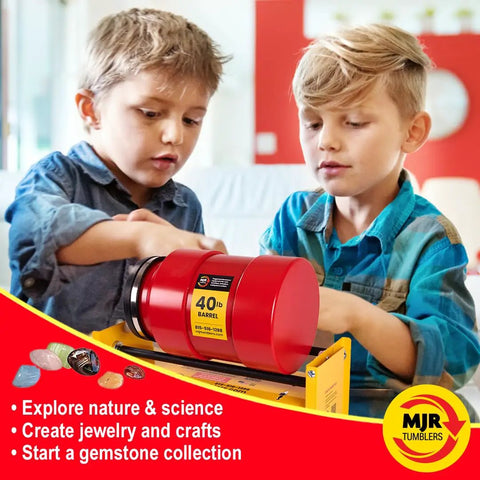 Children using 40Lb Rock Tumbler Machine for Pros Heavy Duty Pro Grade Polisher with Commercial Stone Polishing Kit.