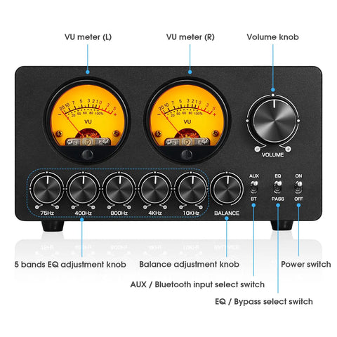 5 Band Bluetooth Equalizer Preamp For Home Stereo And Computer Speakers With VU Meter Dial In Tone Control Independent Op Amp Per Band For Precise Bass Mid And Treble Tuning On Any Amplifier front panel with knobs and VU meters