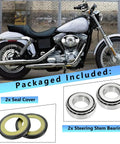 Steering Stem Bearing Seal Kit Fits FX FXWG FXST FLST XL FXR VRod And Most V Twin Touring Softail Dyna Sportster Models 1984 Through 2016 Durable Seal Pack For Smooth Steering And Long Lasting Performance shown with motorcycle and components
