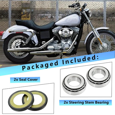 Steering Stem Bearing Seal Kit Fits FX FXWG FXST FLST XL FXR VRod And Most V Twin Touring Softail Dyna Sportster Models 1984 Through 2016 Durable Seal Pack For Smooth Steering And Long Lasting Performance shown with motorcycle and components