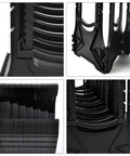 Close-up views of RV sewer hose support with nesting design for quick setup, featuring durable plastic construction and folding mechanism.