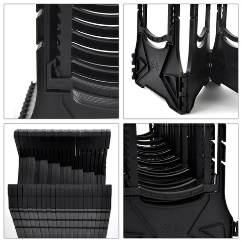 Close-up views of RV sewer hose support with nesting design for quick setup, featuring durable plastic construction and folding mechanism.