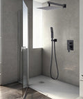 10-Inch Ceiling Mount Rainfall Shower System with All-Metal Handheld Sprayer in Matte Black installed in a modern shower.