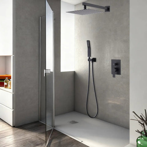 10-Inch Ceiling Mount Rainfall Shower System with All-Metal Handheld Sprayer in Matte Black installed in a modern shower.