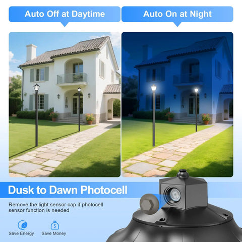 LED Post Top Light 60W/80W/100W Tunable 3000K 4000K 5000K with Photocell ETL DLC listed, auto on/off feature, outdoor yard lighting demo