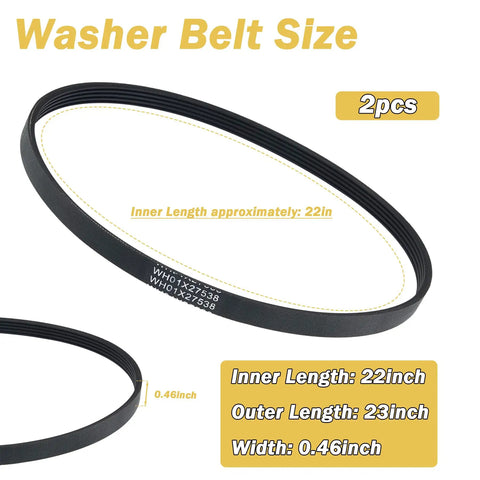 2 Pack Wh01x27538 Washer Drive Belt Hella Durable Replacement showing dimensions; inner length 22in, outer length 23in, width 0.46in.