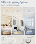 Twenty Inch Low Profile Ceiling Fan With Bright Light Kit Using Super Chill App Remote To Bring You Sweet Crisp Breezes Every Single Day Featuring Six Speeds Reversible Motor And Tunable Lighting Anywhere showing different light options with warm, natural, and cold white settings.