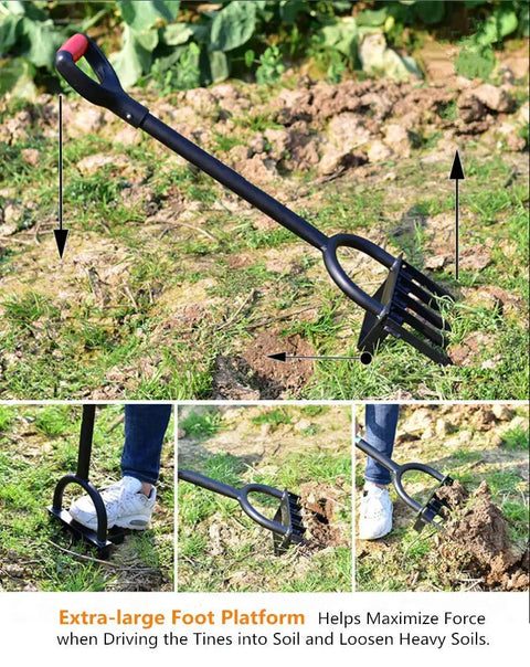 Heavy Duty 5 Tine Pitch Fork For Garden Work With Long Ergonomic T Handle rust resistant stainless steel in use on soil