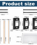 Universal Door Strike Shim Kit size chart showing spacer plates, wood dowels, and screws with dimensions in inches and centimeters.