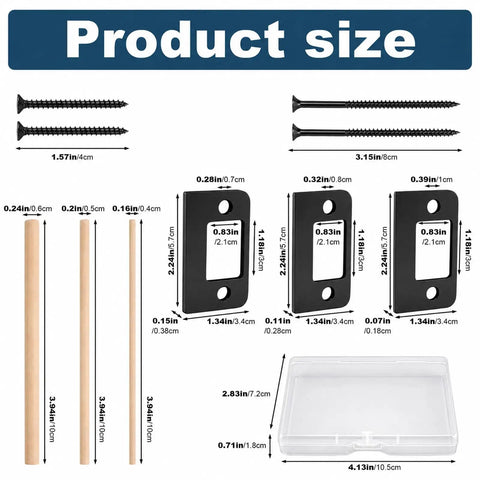 Universal Door Strike Shim Kit size chart showing spacer plates, wood dowels, and screws with dimensions in inches and centimeters.